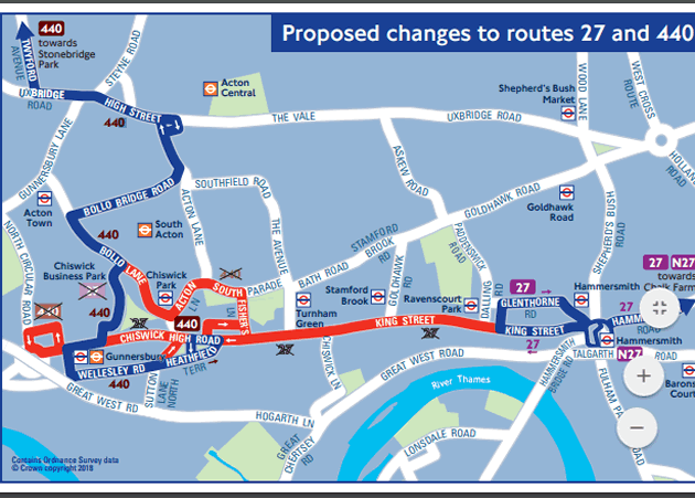 Map showing proposed changes to 27  bus route