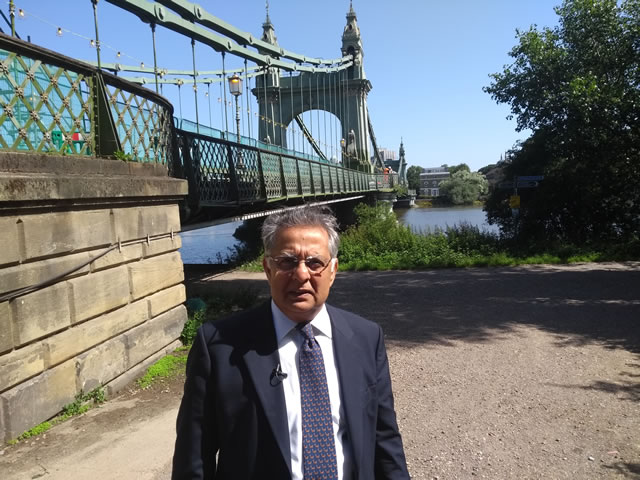 Cllr Ravi Govindia of Wandsworth Council by Hammersmith Bridge