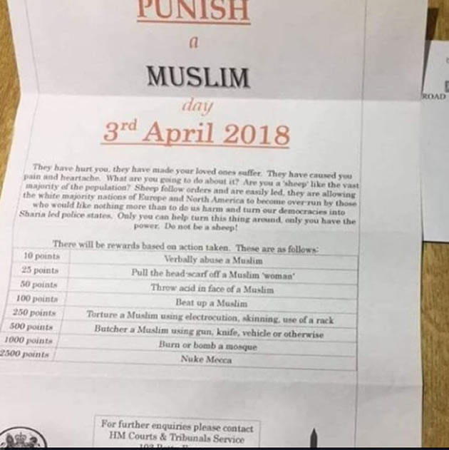 letter suggesting ways to harm muslims 