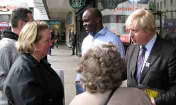 Shaun Bailey and Boris Johnson talk to shoppers on King Street, Hammersmith